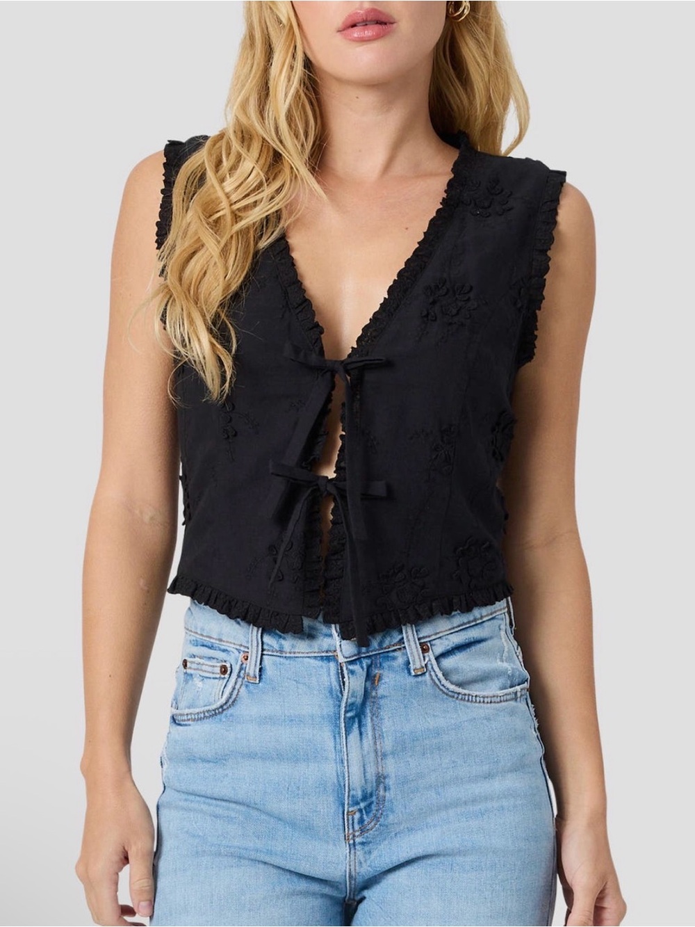 Ruffle Embroidered Tie Cotton Top